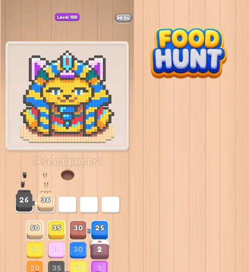 The full Pharaoh Cat board at the start — 36 blocks in the queue and no move limit.