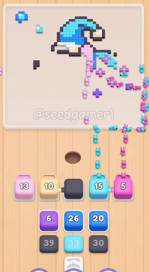 Five blocks land inside two seconds and the shelf re-packs