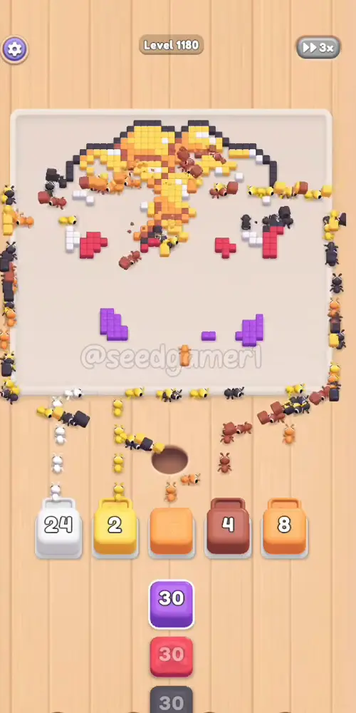 Scattered pixels and the purple base are all that remain