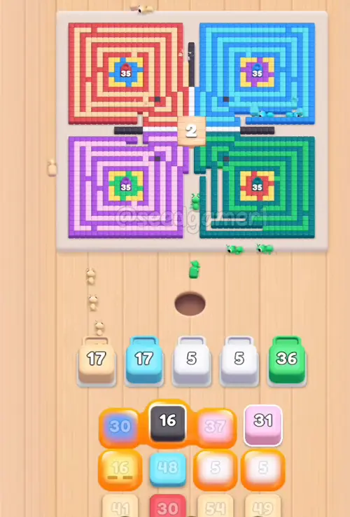 Cyan 38 and Off-white 9 land together at 0:39 - the White 9 then holds slot 4 for 1:19