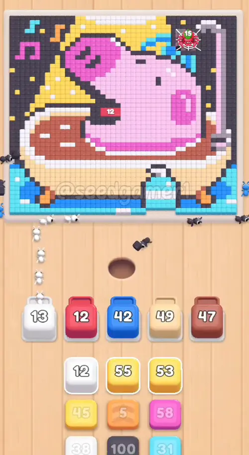 All five slots are busy within seven seconds: White 19, Red 12, Blue 43, Sand 49 and Rust 47