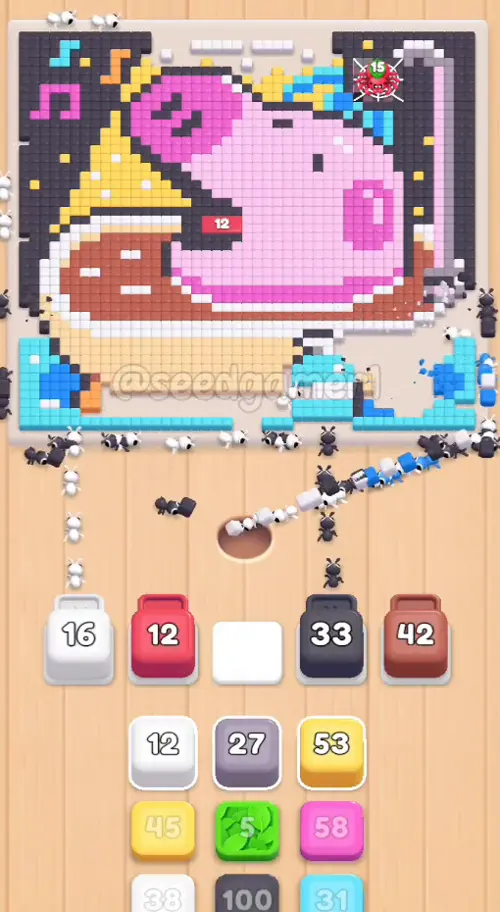 The long stalls are already in place at 0:59: White 47 in slot 1, the stalled Red 12 in slot 2, Dark grey 99 in slot 4 and Rust 47 in slot 5