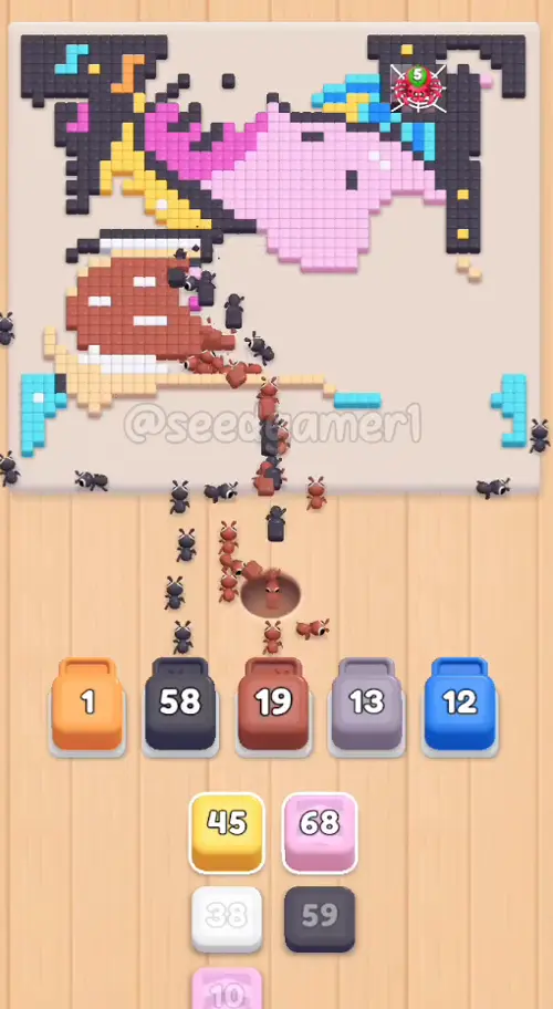 Orange 3, Dark grey 57, Rust 31, Mauve 15 and Blue 39 at 3:39 - the queue is down to two columns