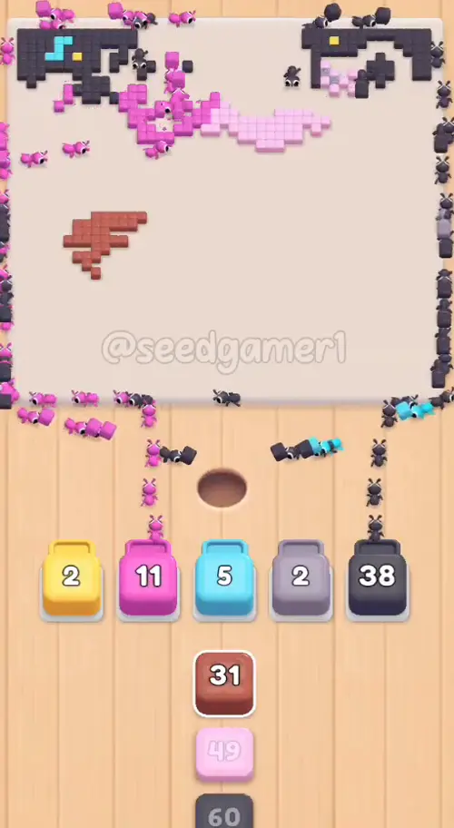 Yellow 2, Magenta 11, Cyan 5, Mauve 2 and Dark grey 38 at 5:24 - the queue holds nothing but Rust 31, Pink 49 and Dark grey 60