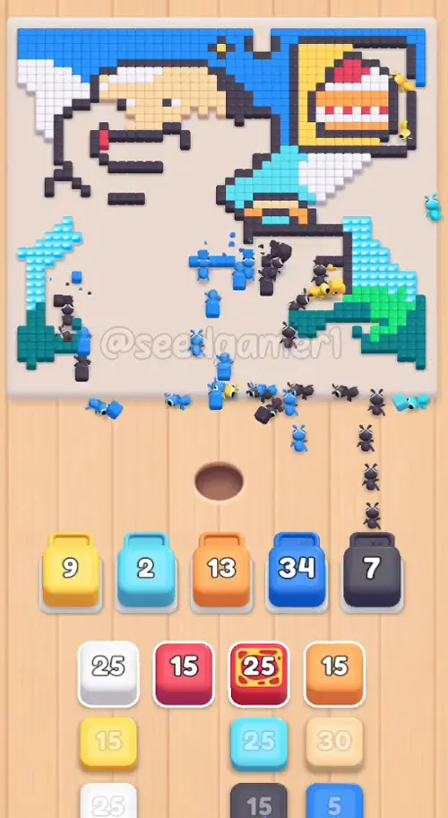 Yellow 9, Cyan 2, Orange 13, Blue 34 and Dark grey 7 - the Orange 20 that landed at 3:07 is finally down to 13