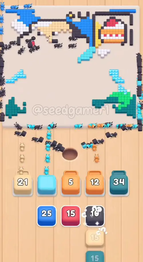 The stall breaks: Orange 20 is down to 5 in slot 3 and Teal 34 has just landed in slot 5