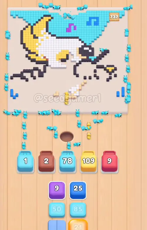 Yellow 115 takes slot 4 and never leaves it - it is the last block standing