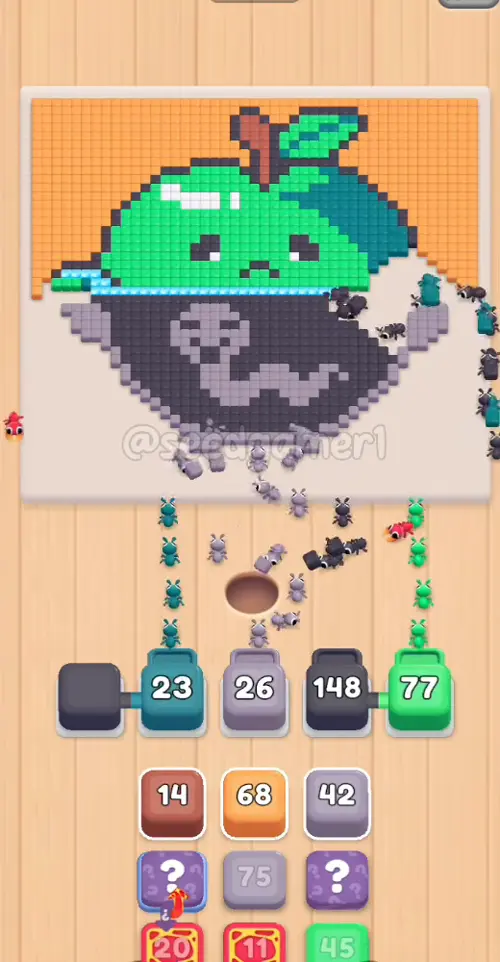 Three slots free up together and the mauve, green and dark grey blocks drop in