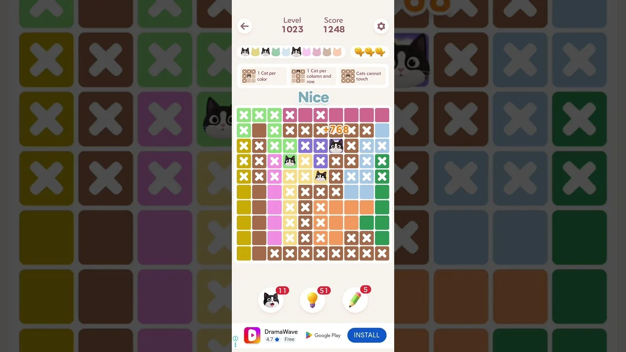 Meowdoku Level 1023 board layout