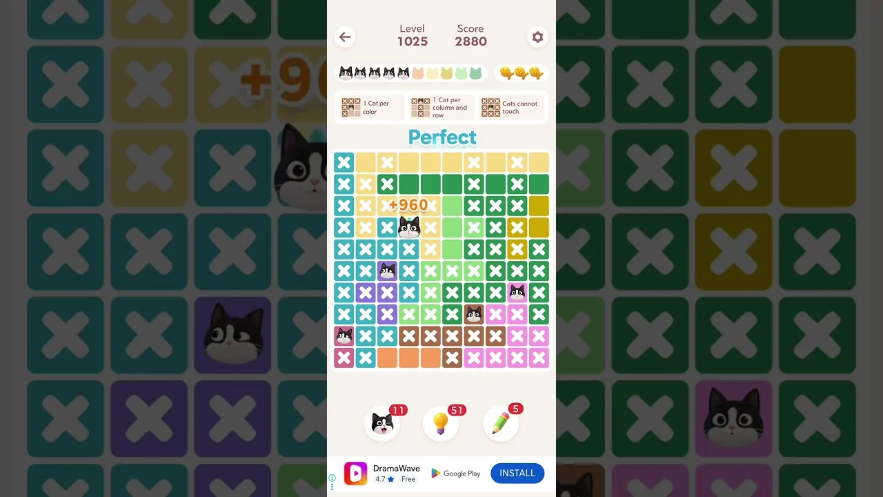 Meowdoku Level 1025 board layout