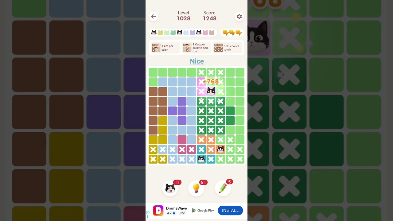 Meowdoku Level 1028 board layout