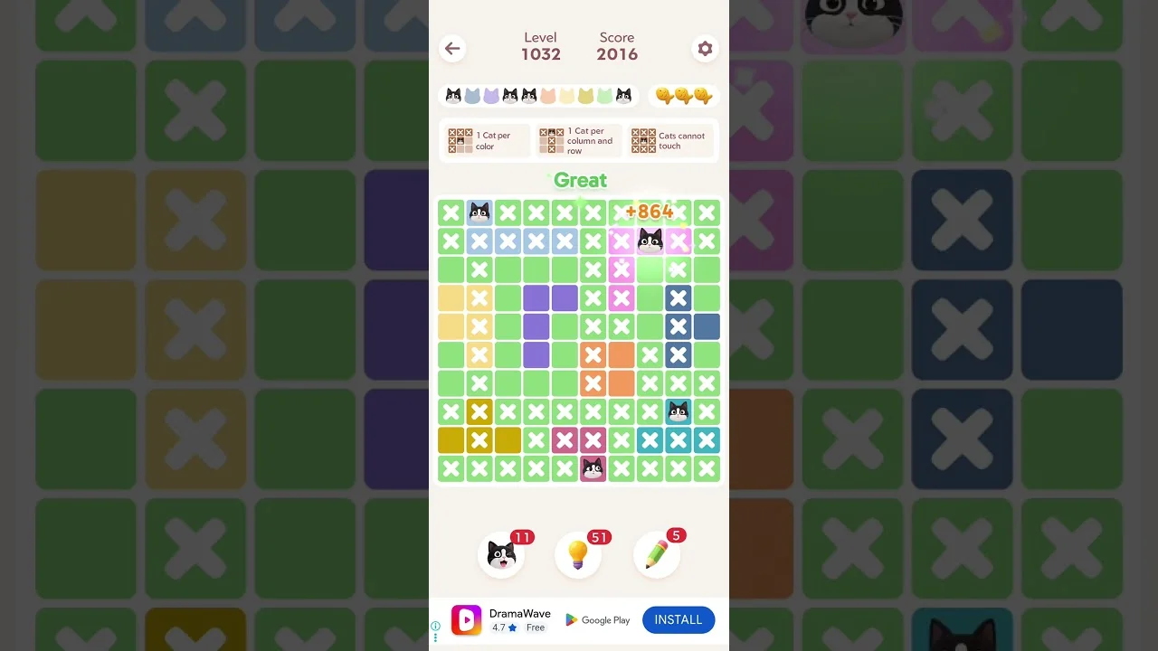 Meowdoku Level 1032 board layout