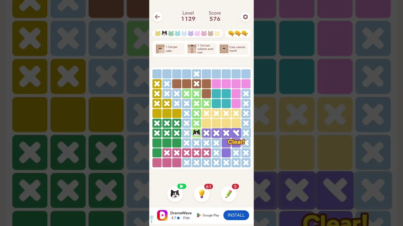 Meowdoku Level 1129 board layout