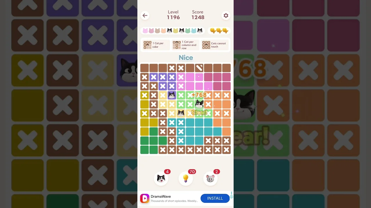 Meowdoku Level 1196 board layout