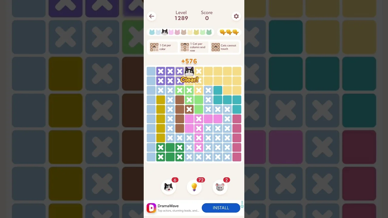 Meowdoku Level 1289 board layout