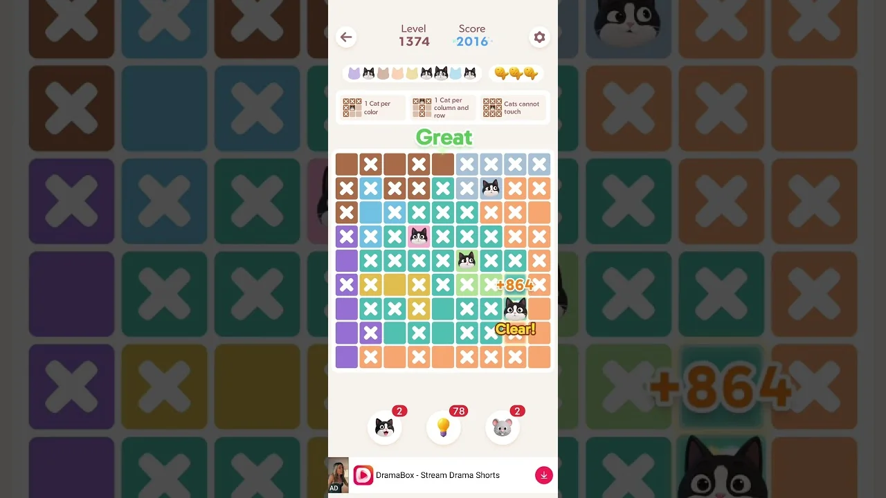 Meowdoku Level 1374 board