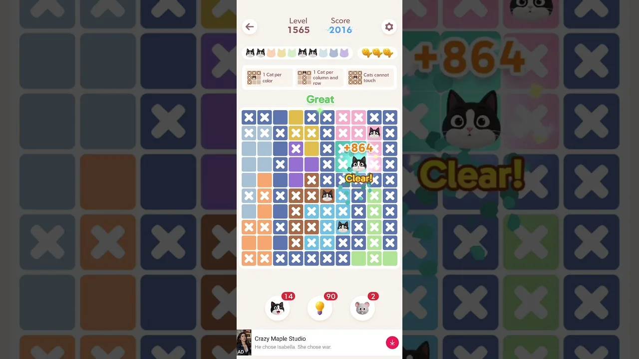 Meowdoku Level 1565 board