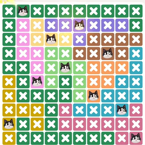 Meowdoku Level 1018 solved board with every cat placed