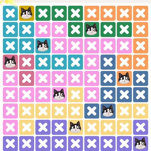 Meowdoku Level 1054 solved board with every cat placed