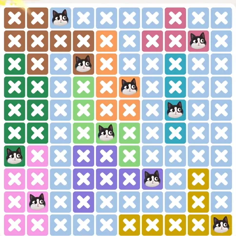 Meowdoku Level 1075 solved board with every cat placed