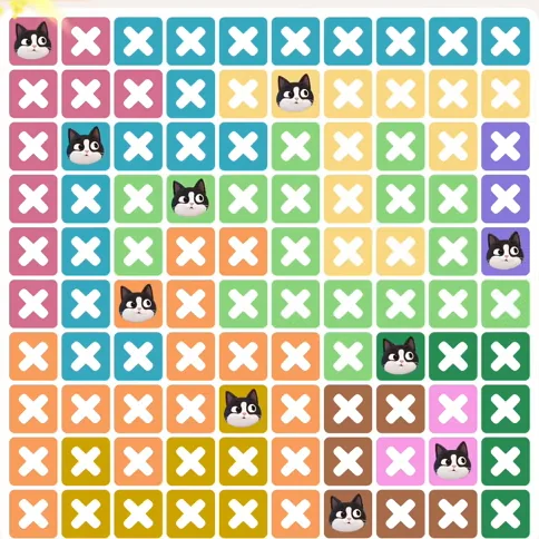 Meowdoku Level 1100 solved board with every cat placed