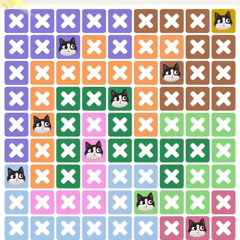 Meowdoku Level 1127 solved board with every cat placed
