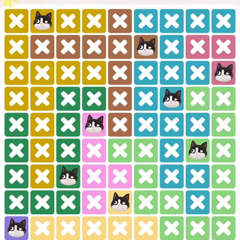 Meowdoku Level 1224 solved board with every cat placed