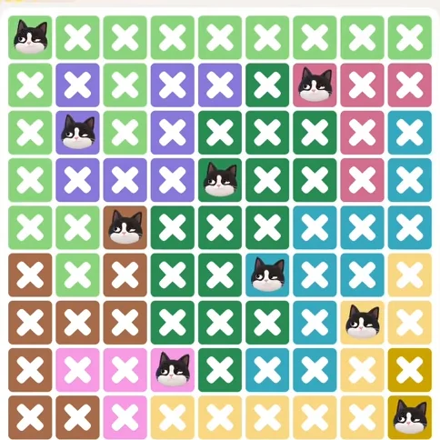 Meowdoku Level 1234 solved board with every cat placed