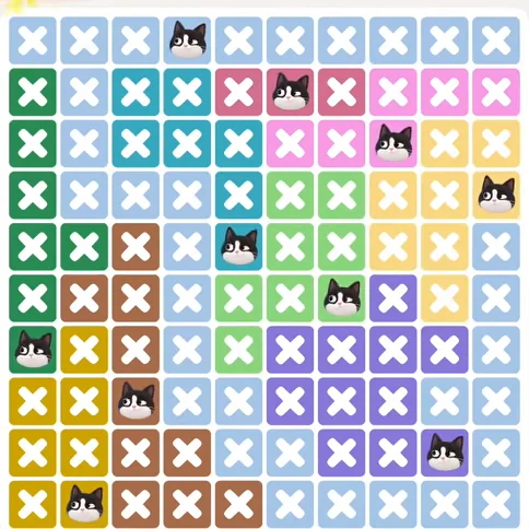 Meowdoku Level 1265 solved board with every cat placed