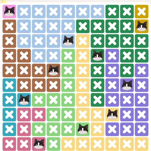 Meowdoku Level 1308 solved board with every cat placed