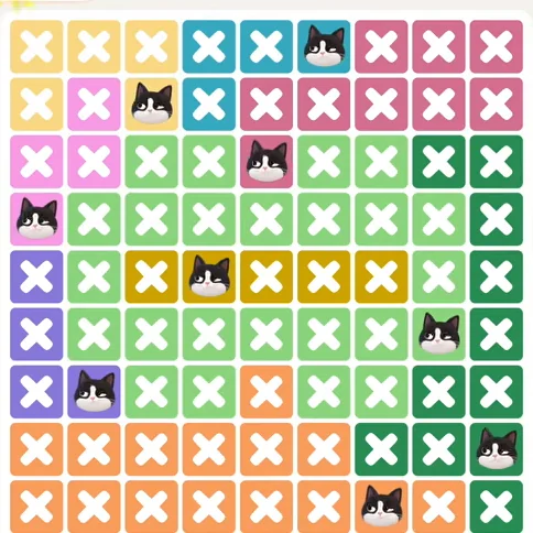 Meowdoku Level 1327 solved board with every cat placed