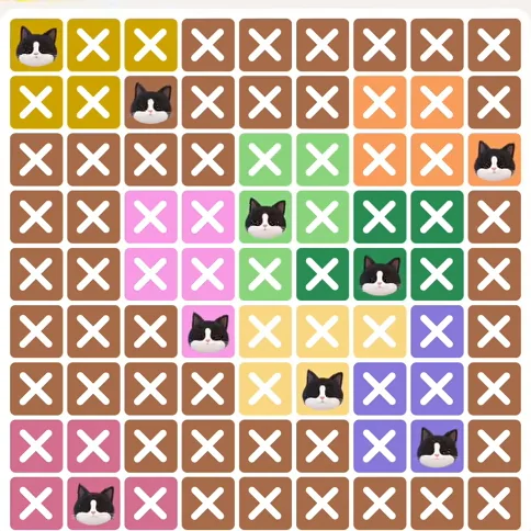 Meowdoku Level 254 solved board with every cat placed