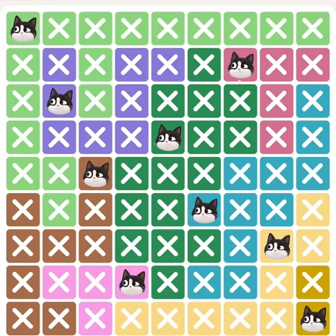Meowdoku Level 267 solved board with every cat placed