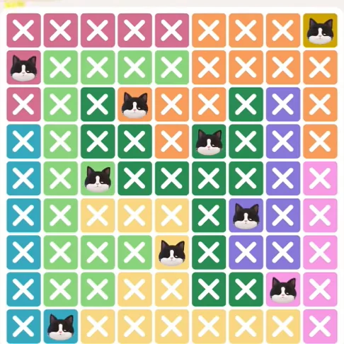 Meowdoku Level 344 solved board with every cat placed