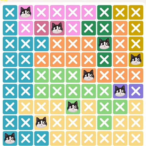 Meowdoku Level 387 solved board with every cat placed