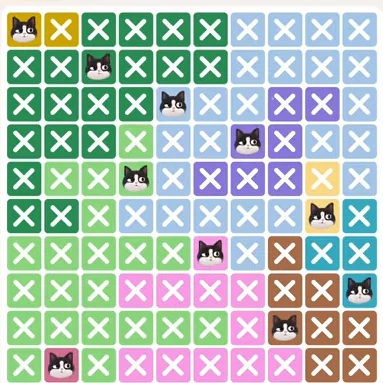 Meowdoku Level 390 solved board with every cat placed