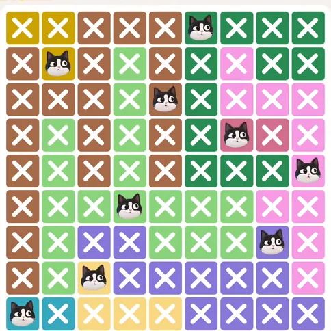 Meowdoku Level 404 solved board with every cat placed