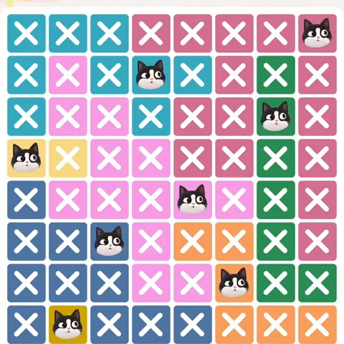 Meowdoku Level 411 solved board with every cat placed