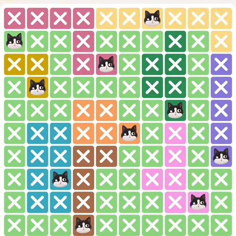Meowdoku Level 412 solved board with every cat placed