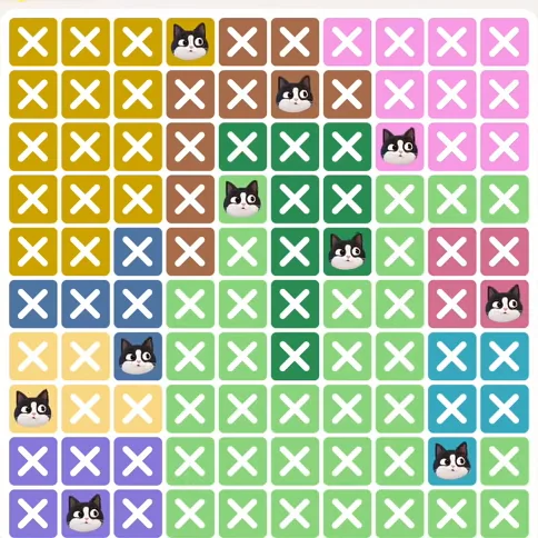 Meowdoku Level 423 solved board with every cat placed