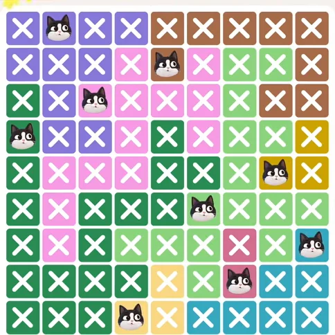 Meowdoku Level 444 solved board with every cat placed