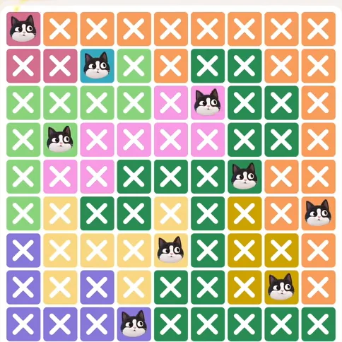 Meowdoku Level 447 solved board with every cat placed