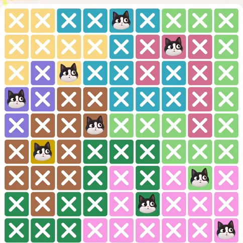 Meowdoku Level 457 solved board with every cat placed