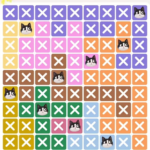 Meowdoku Level 477 solved board with every cat placed