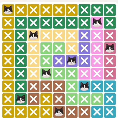 Meowdoku Level 484 solved board with every cat placed