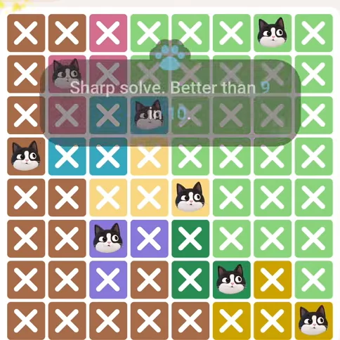 Meowdoku Level 491 solved board with every cat placed