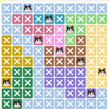 Meowdoku Level 523 solved board with every cat placed