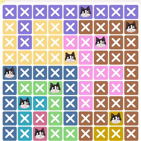 Meowdoku Level 527 solved board with every cat placed