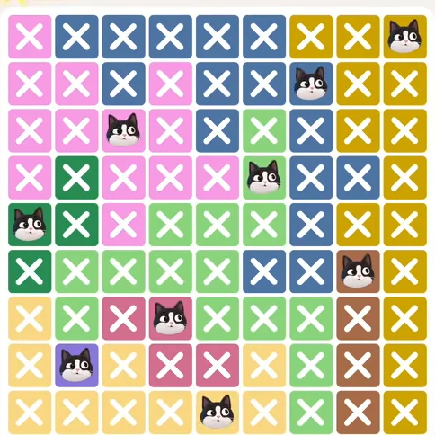 Meowdoku Level 597 solved board with every cat placed