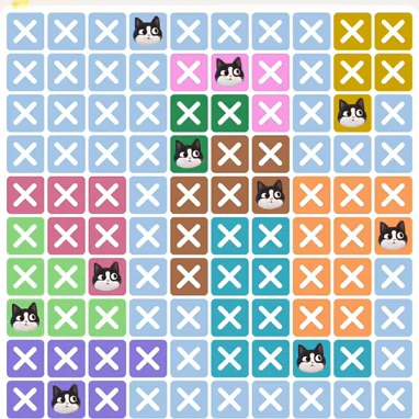 Meowdoku Level 598 solved board with every cat placed